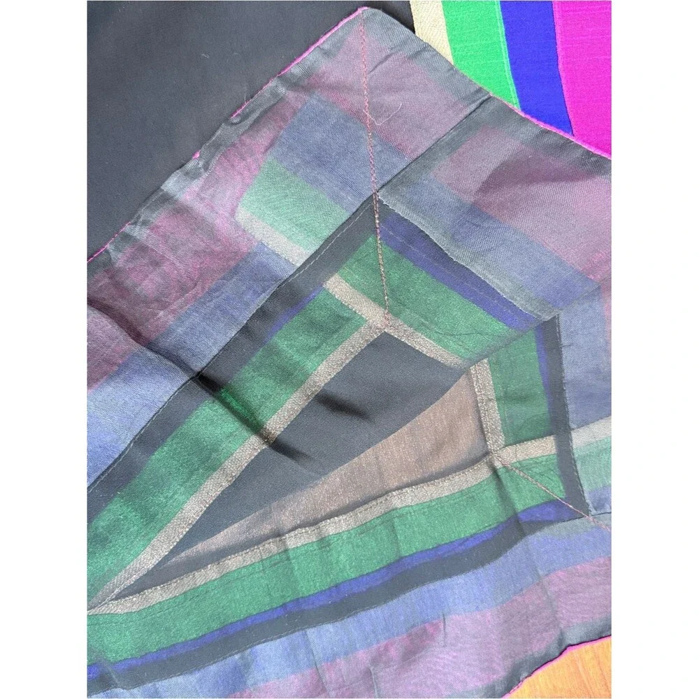 Black Silk Sheer Embroidered Scarf Pink Blue Green 27x78